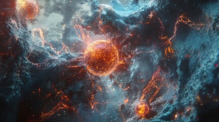 Poster - Abstract Cosmic Landscape with Fiery Spheres and Ethereal Dust