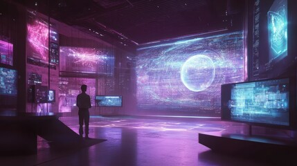 Poster - A lone figure standing in a futuristic room with glowing digital screens displaying various data and cityscapes.