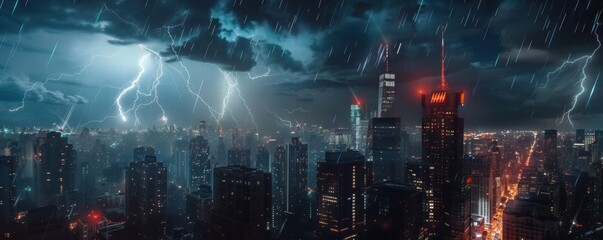 Canvas Print - Lightning storm illuminating a city skyline at night, 4K hyperrealistic photo