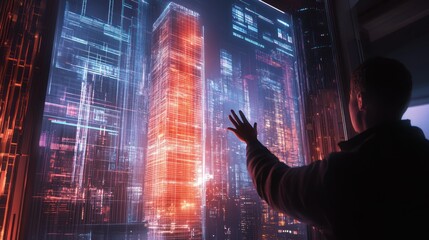Poster - A Silhouette of a Person Reaching Through a Window into a Neon Cityscape