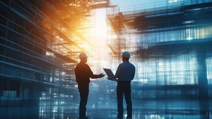 Poster - Two Construction Workers Discussing Plans in Front of a Scaffolding-Covered Building
