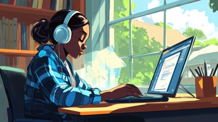 Poster - A woman with headphones on, focused on a work task, sitting in a modern home office with bright natural light.