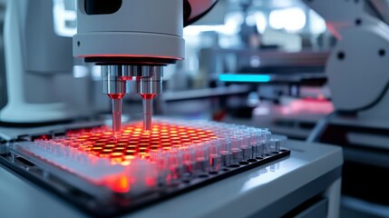 Poster - A robotic arm with multiple needles is positioned over a grid of small, clear vials. The arm is dispensing liquid into the vials, which are illuminated by red light
