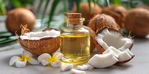 Coconut oil in a glass jar surrounded by fresh coconut halves, coconut chunks, and plumeria flowers, creating a tropical, spa-like atmosphere, emphasizing natural beauty and wellness