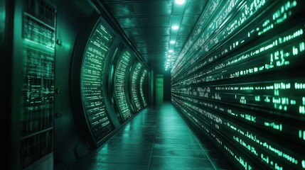 Poster - Futuristic Server Room Corridor with Green Luminous Displays