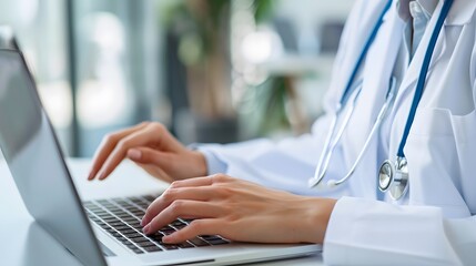 Modern Healthcare: Female Doctor Using Laptop in a Professional Setting with Blurred Background