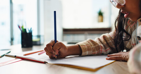 Leinwandbilder - Hands, girl and kid with homework, learning and education with knowledge, drawing and notebook. Apartment, student and childhood with creativity, pencils and growth with development, study or writing