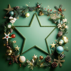 Poster - Empty green star shape surrounded with Christmas decoration on green background. Christmas scene with mockup space. 3D Rendering, 3D Illustration