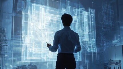 Poster - A Man Analyzing a Holographic Architectural Design
