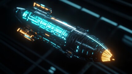 Poster - A sleek, futuristic spacecraft with glowing accents navigates through a vast digital cosmos filled with neon lights