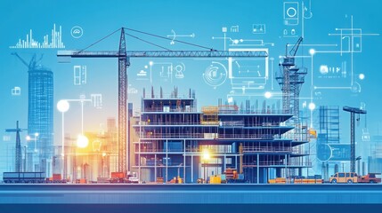 Aufkleber - Construction Site with Cranes and Digital Overlays