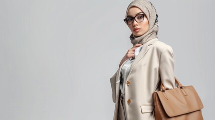 Poster - A Confident Woman in a Beige Blazer, White Shirt, and Brown Handbag