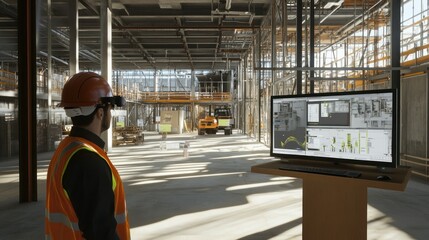 Poster - Construction Worker Reviewing Building Plans on a Large Monitor in an Empty Building