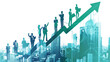 © W - A group of people are standing on top of a building with a green arrow pointing upwards. Concept of progress and success, as the people are all dressed in business attire