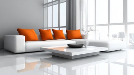 Poster - A stylish living room showcases a sleek white couch adorned with vibrant orange pillows. Natural light floods the area through large windows, creating a welcoming atmosphere.