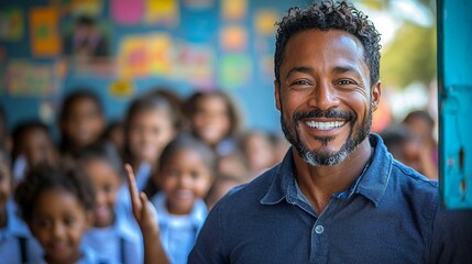 Happy Male Teacher Surrounded by Students in Classroom