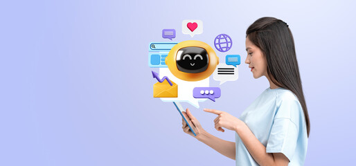 Fototapete - Woman Interacting with Chatbot and Communication Icons.