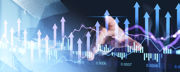 Poster - Businessman interacting with financial charts and graphs on transparent screen.