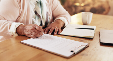 Poster - Hands, signature and senior woman with application for retirement investment plan with budget. Document, writing and elderly female person with financial form for pension fund payout at home.