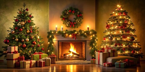 Wall Mural - A Cozy Christmas Setting with a Glowing Fireplace, Adorned with a Festive Wreath and Sparkling Christmas Trees, Embellished with Ornaments and Enchanting Lights, Exuding Warmth and Joy