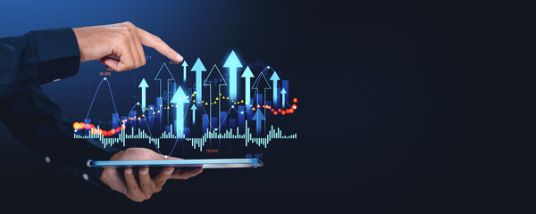 Poster - Businessman finger touch graph analysis with growing arrows. Copy space
