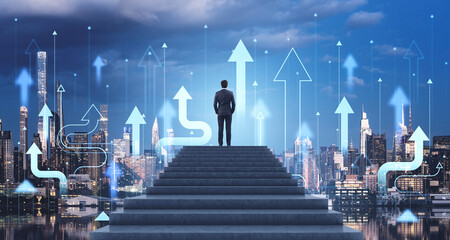 Poster - Businessman standing on stairs looking at city with upward arrow