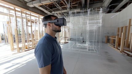 Aufkleber - Man Wearing VR Headset Viewing a 3D Model of a Building in an Unfinished Construction Site