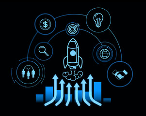 Poster - Business startup illustration with glowing blue icons on a dark background. 3D Rendering
