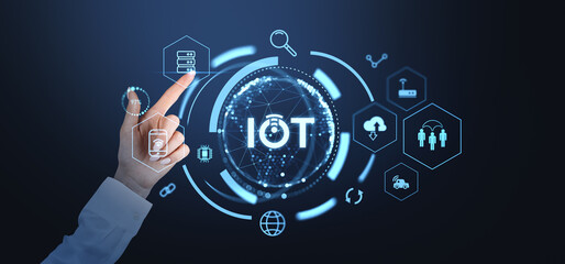 Poster - Woman finger touch IOT hologram with digital icons, devices and connection