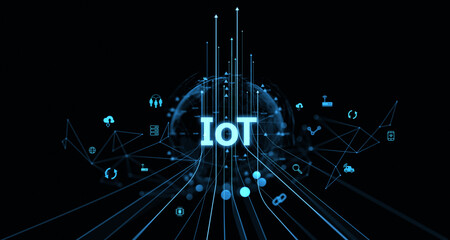 Poster - Glowing IoT text with technology icons on a dark background. 3D Rendering