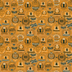 Wall Mural - vector seamless pattern on the theme of beer with various beer labels with images of barrels, beer g