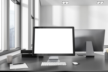 Poster - Office coworking interior with pc computer on table with mockup display, window