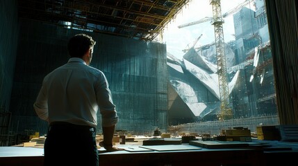 Poster - Man in White Shirt Observing Futuristic Construction Site