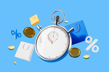 Poster - Stopwatch surrounded by shopping bags, coins, and percentage symbols on blue background. 3D Rendering