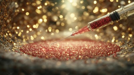 Wall Mural - A syringe is being used to inject a red substance into a surface. The syringe is filled with a red liquid, and the surface is covered in glitter. Concept of danger and urgency