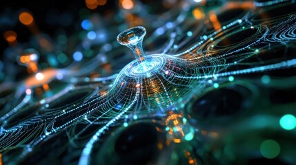 Poster - A Glowing Blue Orb Suspended Over a Web of Light