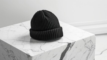 Wall Mural - Black Knit Beanie Hat on White Marble Pedestal