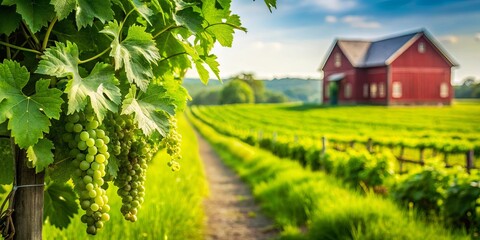 Wall Mural - A close-up view of plump green grapes hanging from a vine, with a rustic red barn and a row of grapevines in the blurred background, suggesting a tranquil countryside setting