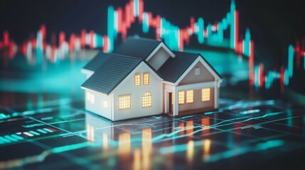 Poster - A miniature house sits on a digital graph, symbolizing real estate investment trends and market analysis.