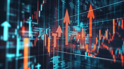 Fototapete - A digital representation of stock market trends with colorful arrows indicating upward movement amidst a grid of data visuals.