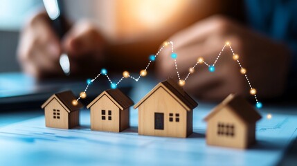 Poster - A visual representation of real estate market trends, featuring wooden houses and a chart showcasing rising values.