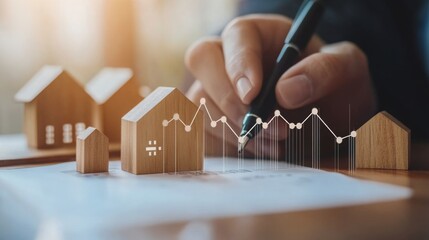 Poster - A person signs documents with wooden house models and a data graph, reflecting real estate trends and analysis.