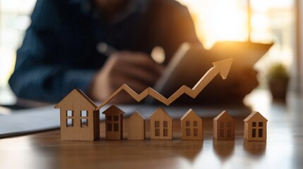 Poster - A wooden model of houses with an upward trend graph symbolizes real estate growth, while a person writes notes in the background.