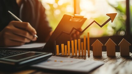 Fototapete - A professional analyzing financial data with graphs, charts, and a calculator, symbolizing growth and investment in real estate.