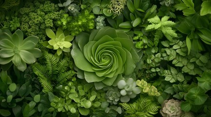 A green plant with a spiral shape is surrounded by other green plants. Concept of growth and abundance, as the various plants are all thriving and flourishing together