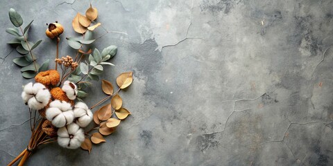 A Symphony of Hues and Textures Delicate Cotton Blooms, Dusty Greenery, and Dried Leaves on a Cracked Grey Surface