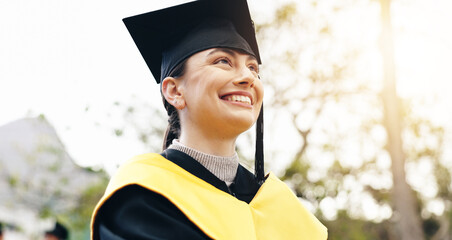 Poster - Outdoor, woman and smile for graduation at university with pride and confidence for future in Cuba. Female person, college learner and thinking for qualification, education and achievement on campus