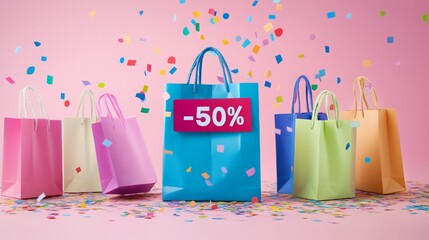 A vibrant collection of shopping bags in various colors displays a prominent discount tag. Confetti falls around them, adding to the festive atmosphere of a special sale event.