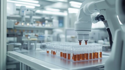 Poster - A robotic arm efficiently transfers liquid samples into well plates in a high-tech laboratory, showcasing automation in scientific research and development.