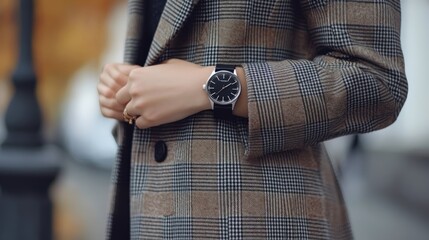 Wall Mural - Fall Outfit. Close-Up Details of Beautiful Black and White Modern Watch and Checked Double Breasted Coat, Ideal Fall Accessories for Businesswoman